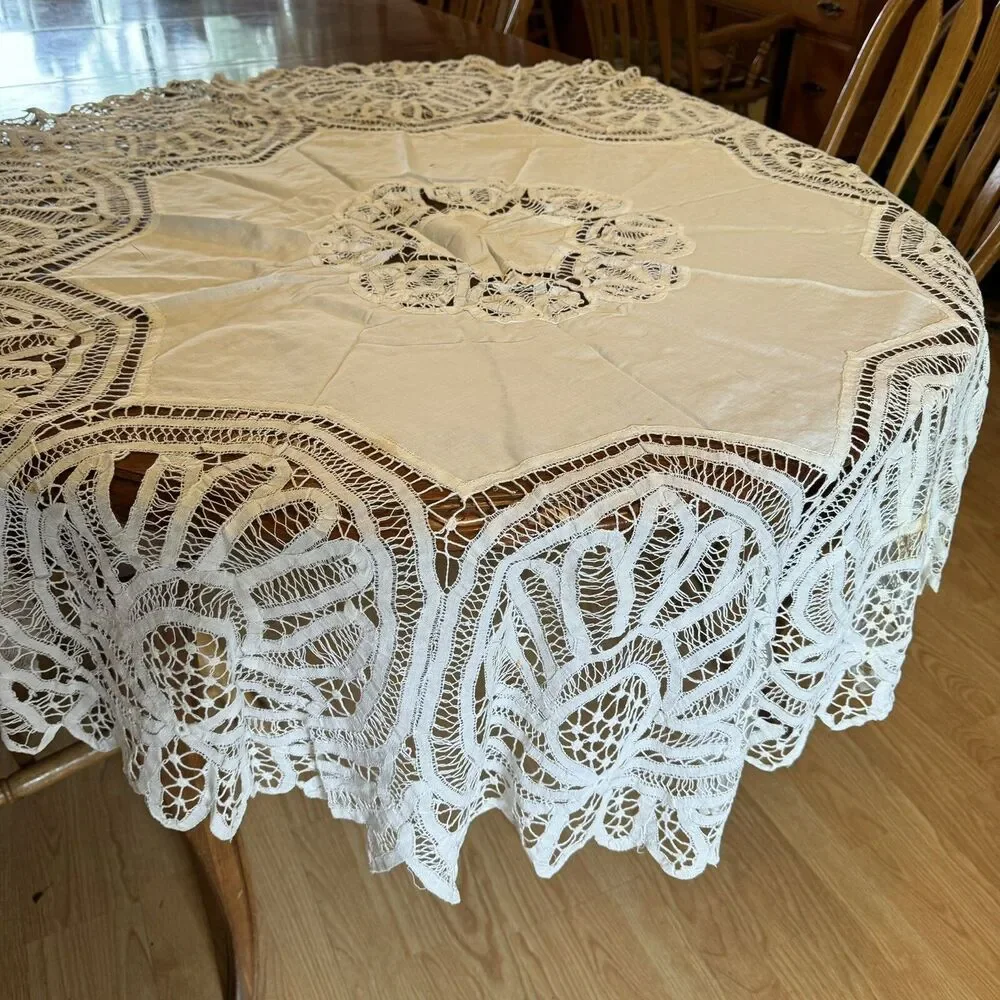 Antique Round Battenburg Lace And Cotton Star Hand Stitched 60” Diameter